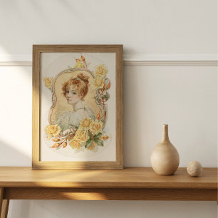 Poster Portrait de femme encadré de roses jaunes