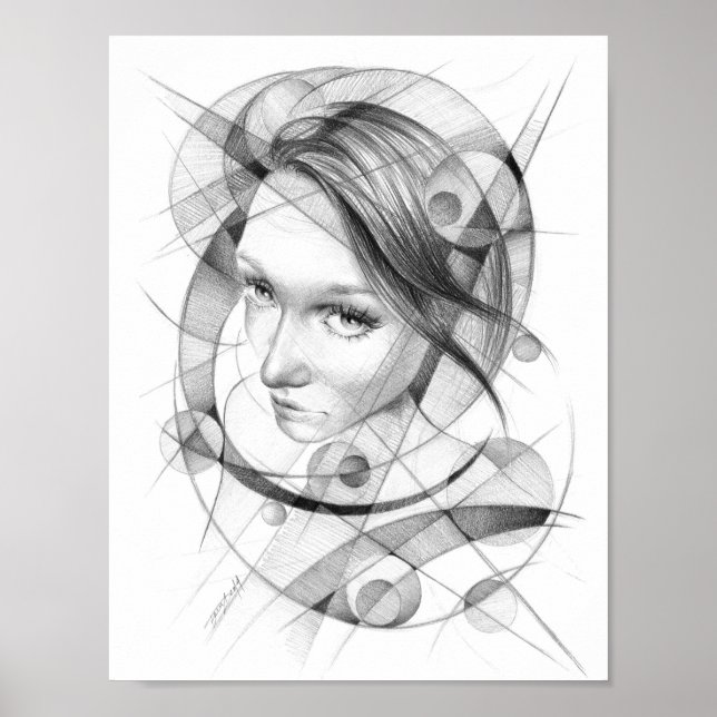 Poster Portrait de fille Dessin d'art Lignes de cercles g (Devant)