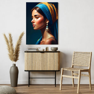Poster Portrait de fille en bleu et or, style classique  