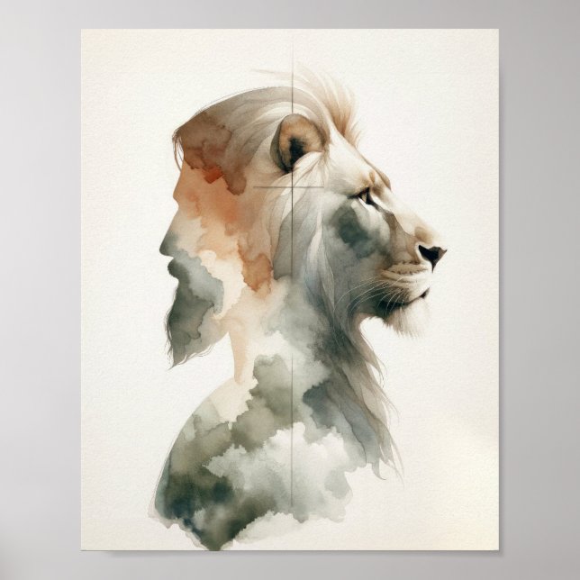 Poster Portrait de Jésus Lion - Aquarelle moderne Christ (Devant)
