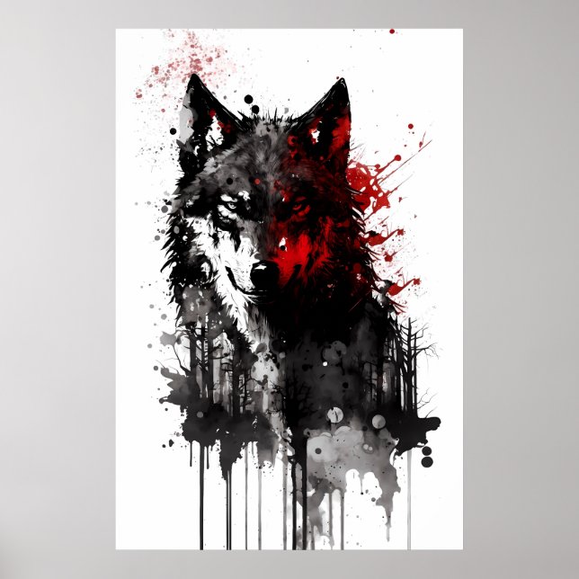Poster Portrait de loup gris encre (Devant)