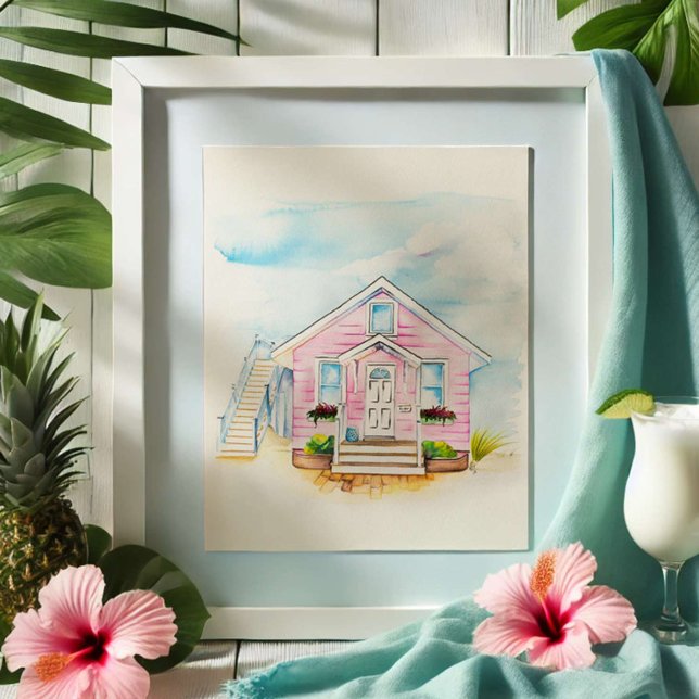 Poster Portrait de maison rose aquarelle (Pink house portrait watercolor art by Victoria Grigaliunas Do Tell A Belle)