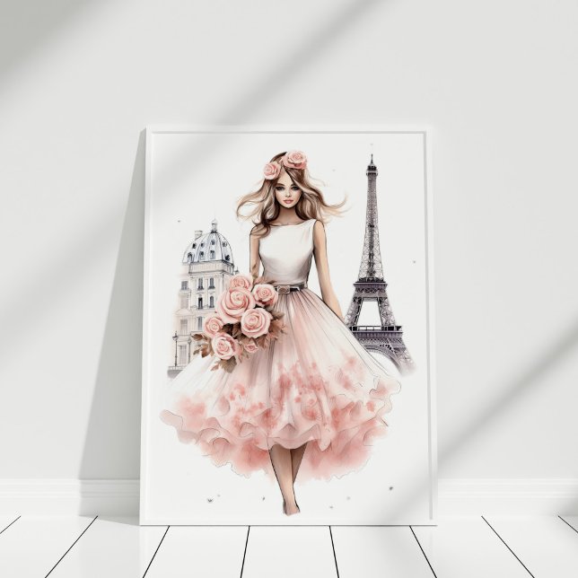 Poster Portrait de mode Paris Floral Pêche (Peach Floral Paris Fashion Portrait Poster in a white frame)