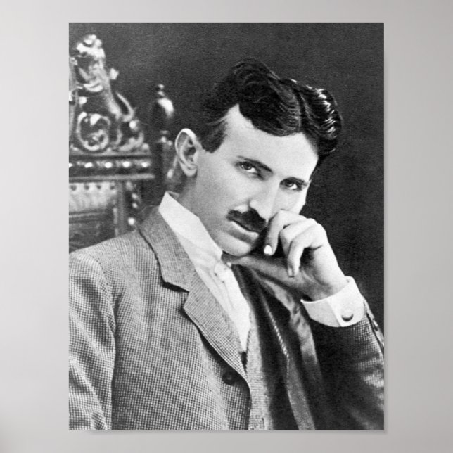 POSTER PORTRAIT DE NIKOLA TESLA EN NOIR ET BLANC (Devant)