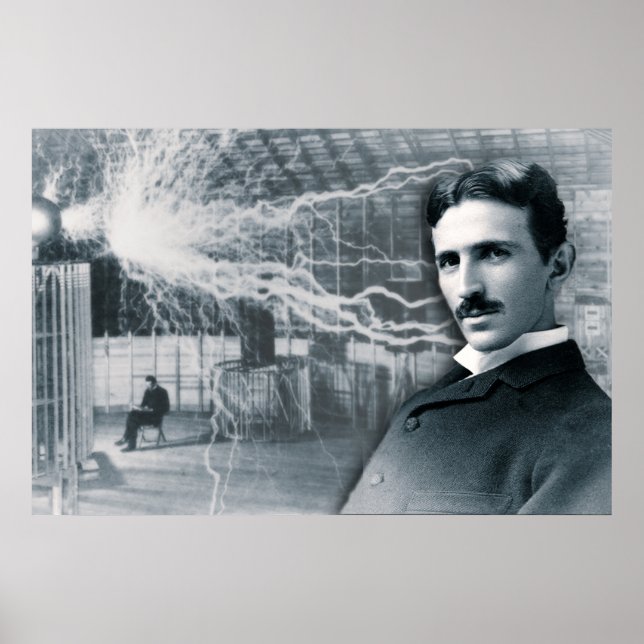 POSTER PORTRAIT DE NIKOLA TESLA EN NOIR ET BLANC (Devant)