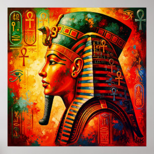 Poster Portrait de pharaon égyptien animé avec Hiéroglyph