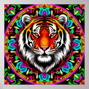 Poster Portrait de tigre avec motif de mandala