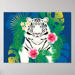 Poster Portrait de tigre blanc avec des feuilles tropicau