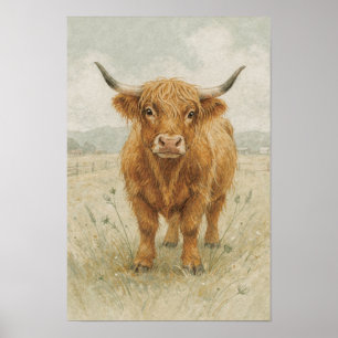Poster Portrait de vache des Highlands en sauge et crème