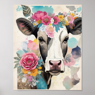 Poster Portrait de vache Floral Média mixte Collage