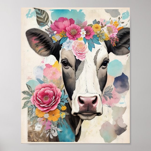 Poster Portrait de vache Floral Média mixte Collage (Devant)