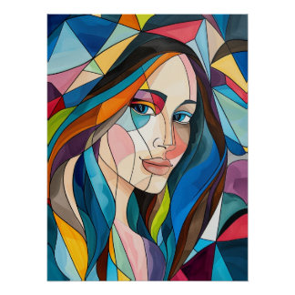 Poster Portrait de verre coloré cubiste géométrique