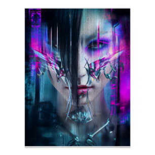 Poster Portrait de visage néon distordu cyberpunk Glitch