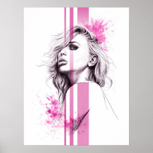 Poster Portrait d'encre de femme Art de la mode rose