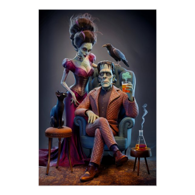 Poster Portrait d'Halloween, un monstre et sa mariée (Devant)
