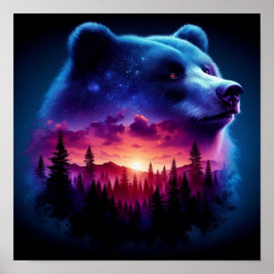 Poster Portrait d'ours à double exposition avec coucher d