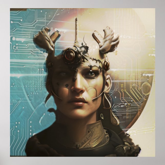Poster portrait d'un androïde dans un univers numérique (Devant)