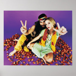 Poster Portrait d'un couple hippie assis à deux pattes