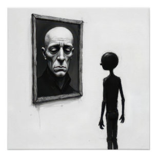 Poster Portrait d'un homme chauve regardé par un bonhomme