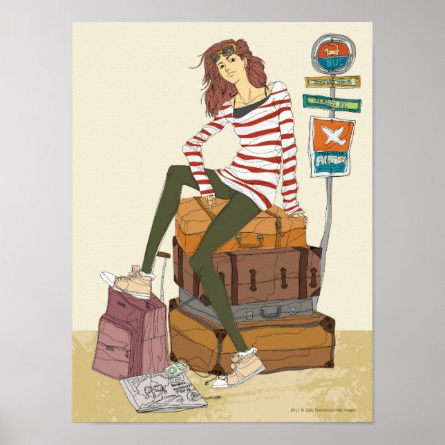 Poster Portrait d'une jeune femme assise sur une valise (Devant)