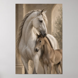Poster Portrait équestre de jument blanche et poulain sur