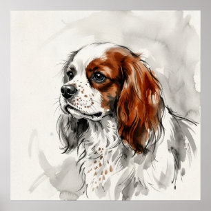 Poster Portrait esquisse à l'encre de Cavalier King Charl
