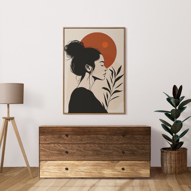 Poster Portrait féminin noir et blanc Soleil rouge (Black and White Female Portrait Red Sun Poster in a neutral boho living room.)