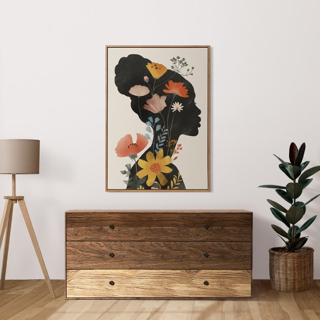 Poster Portrait féminin Vintage Boho avec Fleurs sauvages (Boho Vintage Female Portait with Wildflowers Poster in a neutral boho living room.)