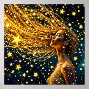 Poster Portrait magique étoilé de femme imaginaire d'or