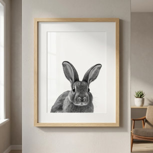 Poster Portrait Moderne de Lapin en Bois noir blanc