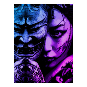 Poster Portrait réaliste d'une femme japonaise masquée av