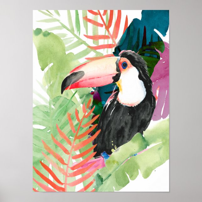 Poster Portrait toucan avec Feuilles tropicaux (Devant)