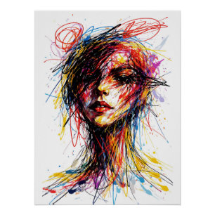 Poster Portrait tourbillonnant émotionnel au griffonnage 