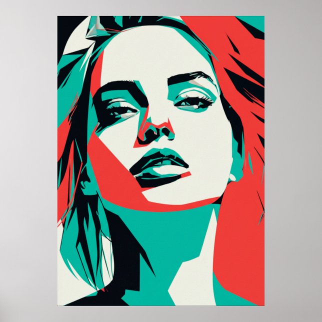 Poster Portrait Turquoise et rouge femme - Graphi moderne (Devant)