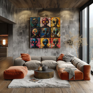 Poster Portraits d'aliens abstraits dans une grille de gr