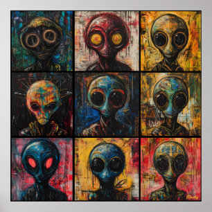Poster Portraits d'aliens abstraits dans une grille de gr