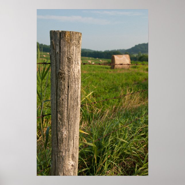 Poster Poste de clôture agricole rurale et Hay Bales (Devant)