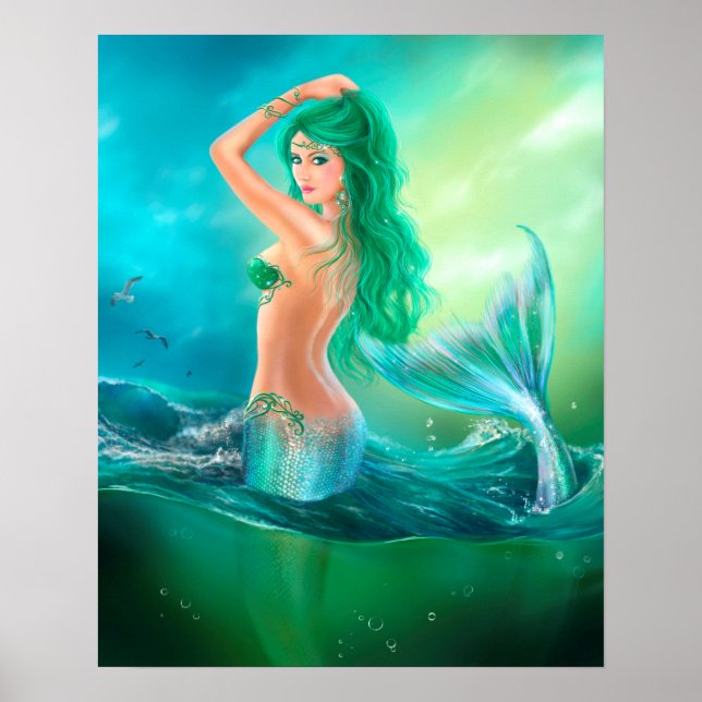 Poster Poster-Belle sirène en mer sur les vagues (Devant)