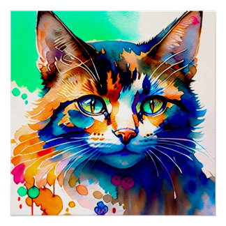 Poster Pôster Gato Aquarela