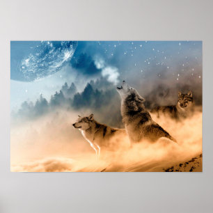 Poster Poster/Loups hurlant sur la lune