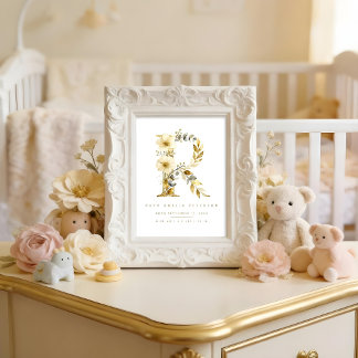 Poster Póster Nursery Cute Romantic Floral R Letter Gold