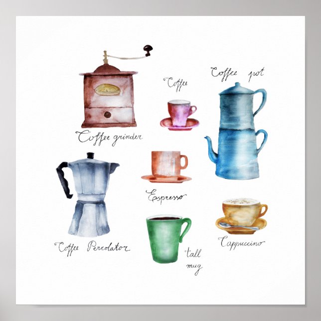 Poster Pot à café aquarelle, broyeur, tasse, mug, cafetiè (Devant)