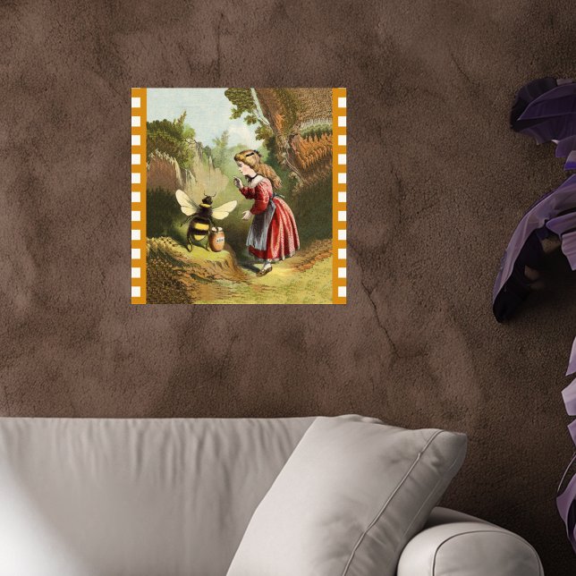 Poster Pot de miel petite fille abeille vintage (Victorian girl in woods talking to bee guarding his pot of honey checkered border on wall poster.)