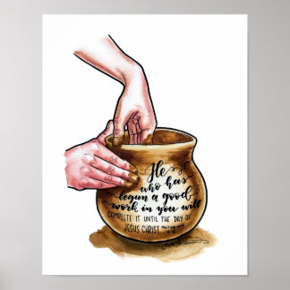 Poster Pots d'argile - Potter lance un vase - aquarelle