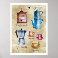 Pots de café Vintage moderne Grinder Aquarelle Art