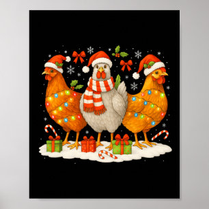 Poster Poules lumières de Noël chapeaux de Père Noël renn