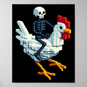 Poster Poulet à cheval sur un squelette de style pixel ar