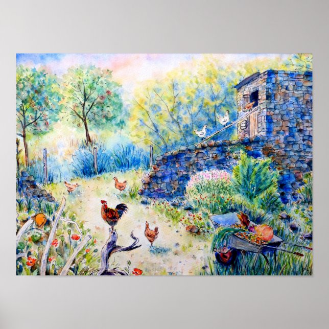 Poster Poulet d'aquarelle et Maison de Hen (Devant)