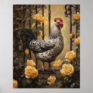 Poster Poulet tacheté aux roses jaunes, peinture à l'huil