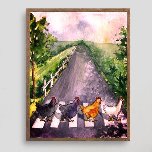Poster Poulets aquarelle mignons traversant la route humo